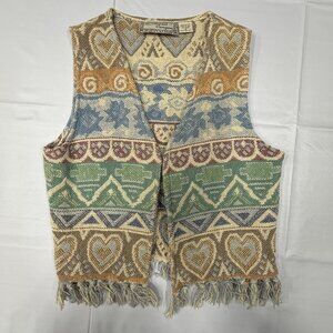 Southwest Canyon vintage boho vest geometric jacquard pattern, fringe size M